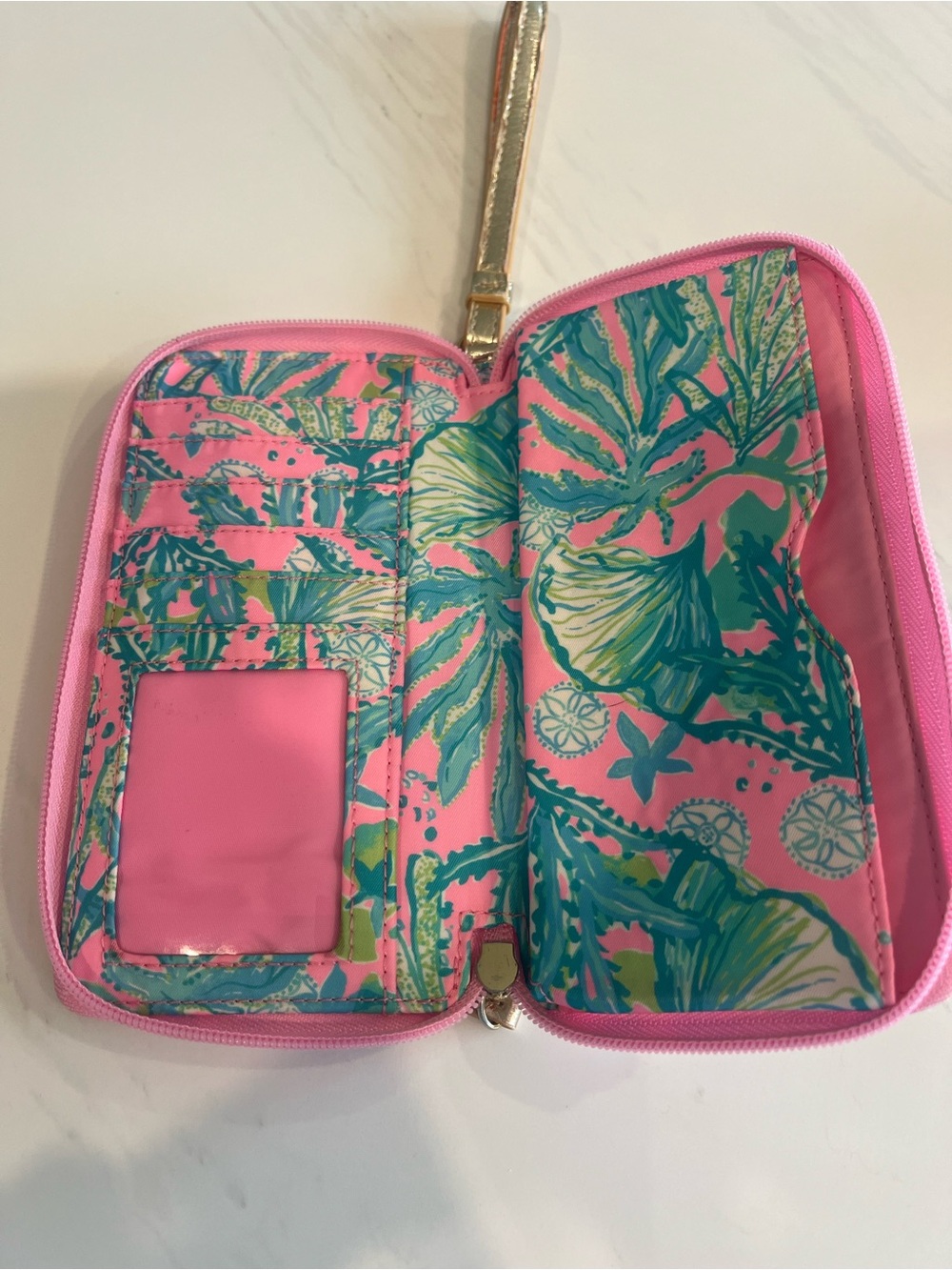 Lilly Pulitzer Pink Tropical Print Wristlet Wallet with Gold Strap - Picture 7 of 11